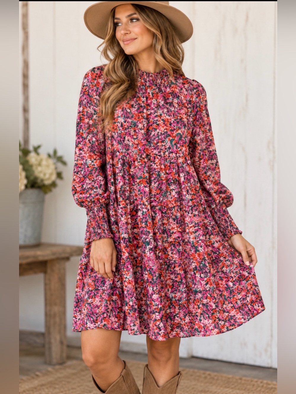 Maia Floral Tiered Mini Dress Size 6 Pink Red Green Long Sleeve Mock Neck